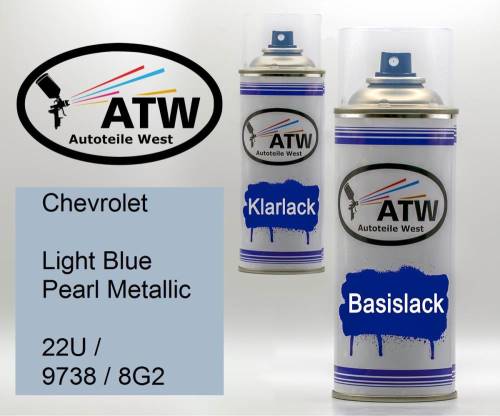 Chevrolet, Light Blue Pearl Metallic, 22U / 9738 / 8G2: 400ml Sprühdose + 400ml Klarlack - Set, von ATW Autoteile West.